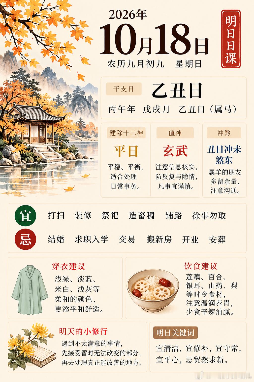 明日日课｜10月18日·乙丑日明日是农历九月初九，丙午年、戊戌月、乙丑日。乙木为