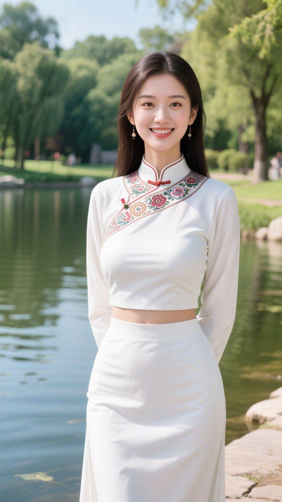 素衣绣里的春湖柔意素白衣袂衬着颈间绣纹，像把春园花色缝进了临水的风里——轻