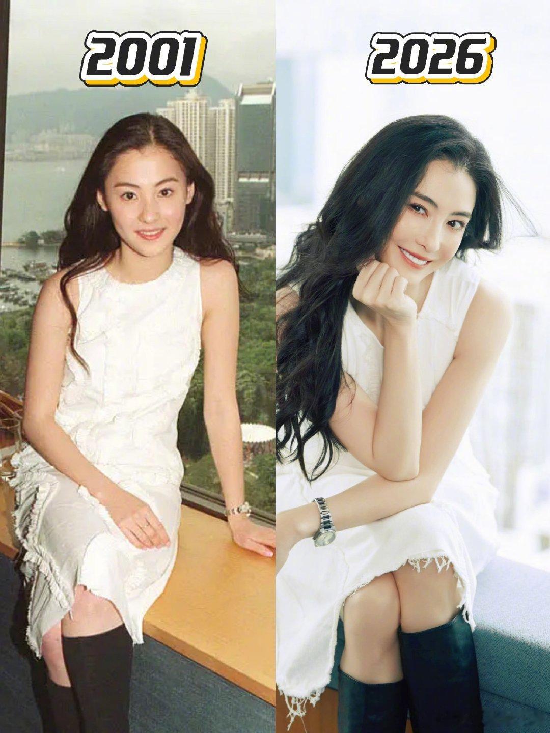 张柏芝19岁vs45岁对比张柏芝19岁和45岁的同角度照片，同款白裙同款场景，