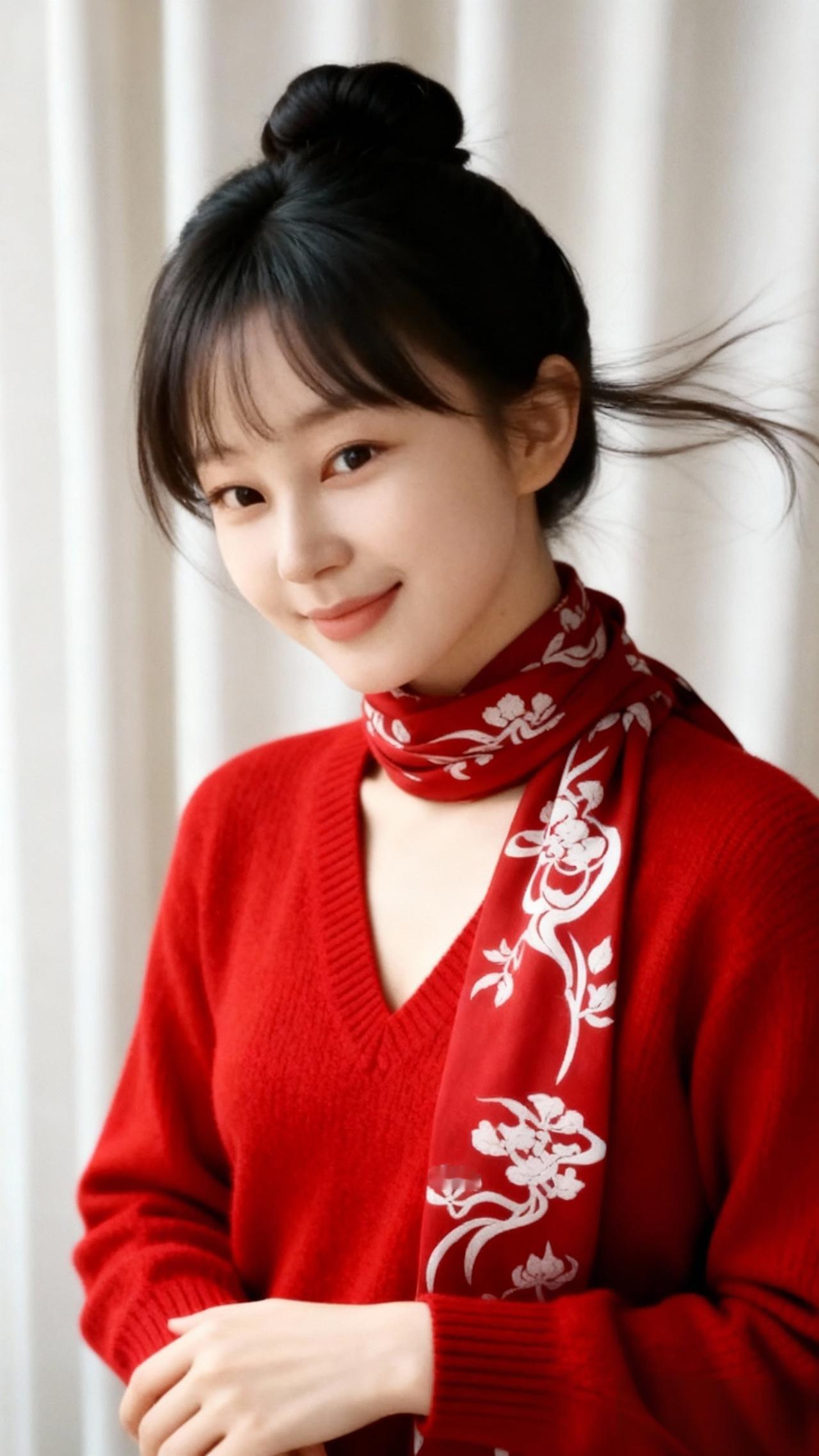 甜美少女风，红衣红围巾，微笑动人！