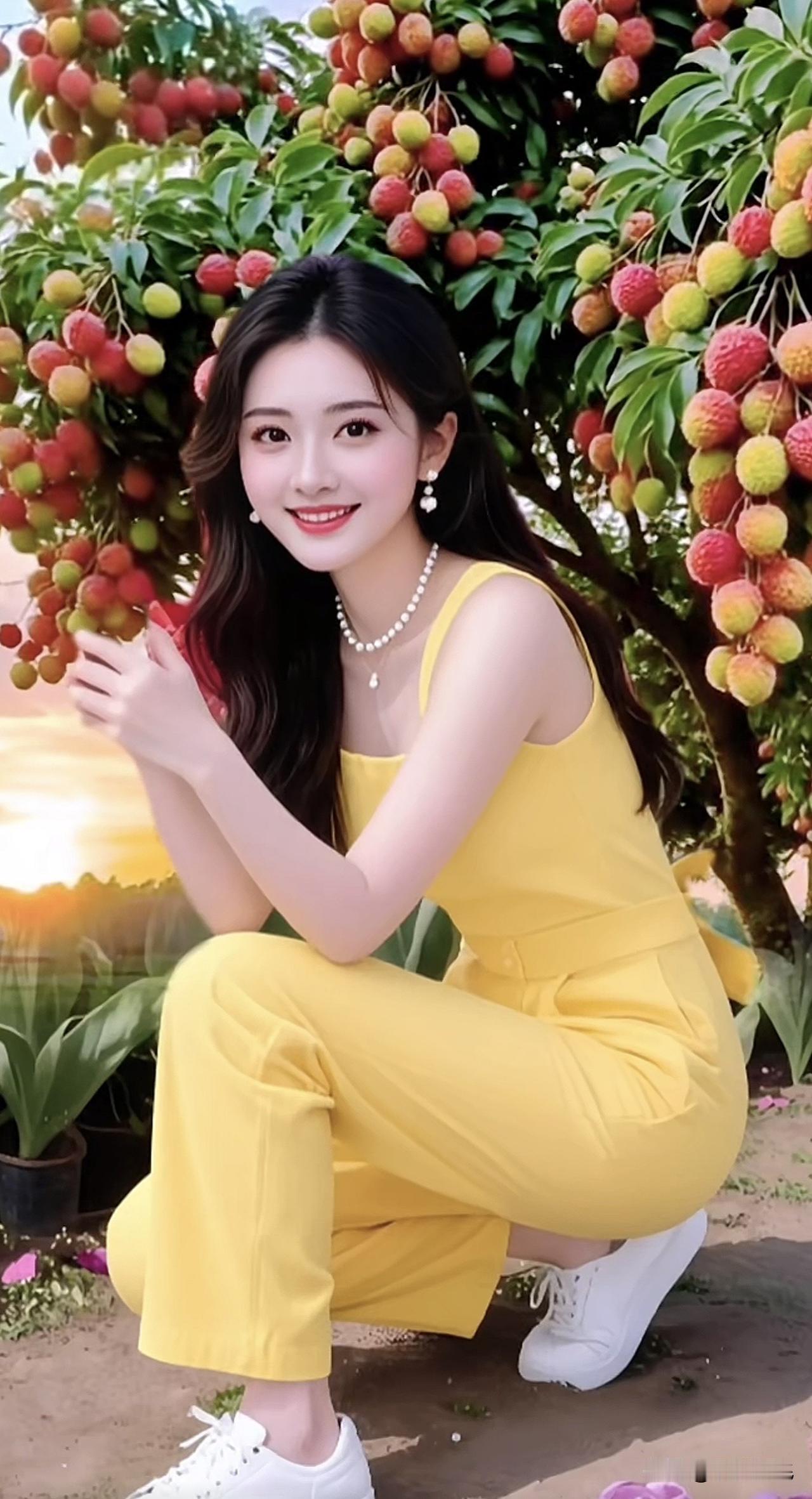 夏日甜美穿搭，黄色连衣裙搭配珍珠项链，与樱桃树下的浪漫时光。🌸🍒💖淡黄色长