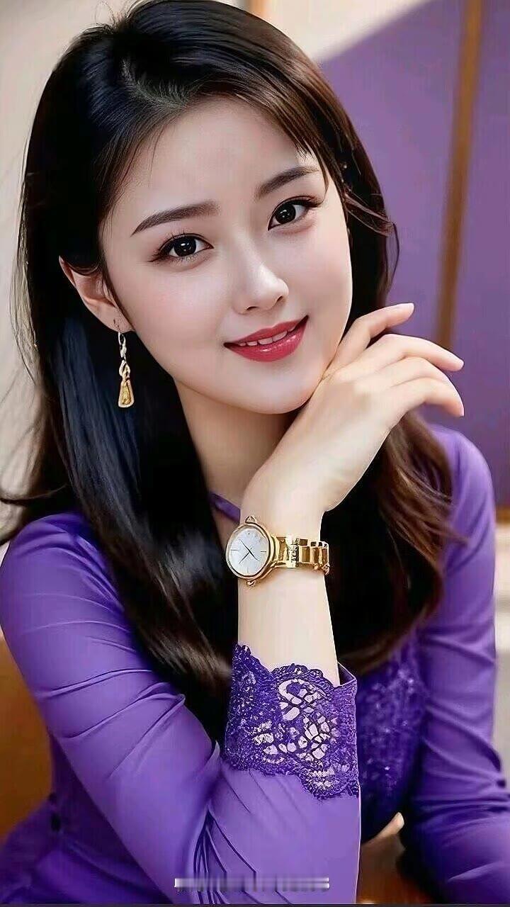 优雅紫色穿搭，精致腕表点缀，甜美笑容迷人！