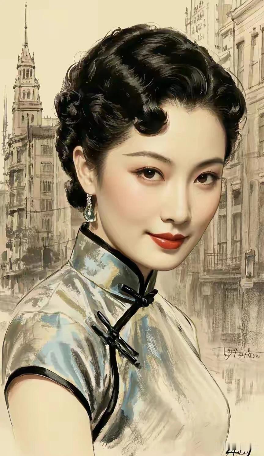 彩色铅笔不简单。，描绘旗袍雅韵添。国民美女美娇容，流动风景又重现。