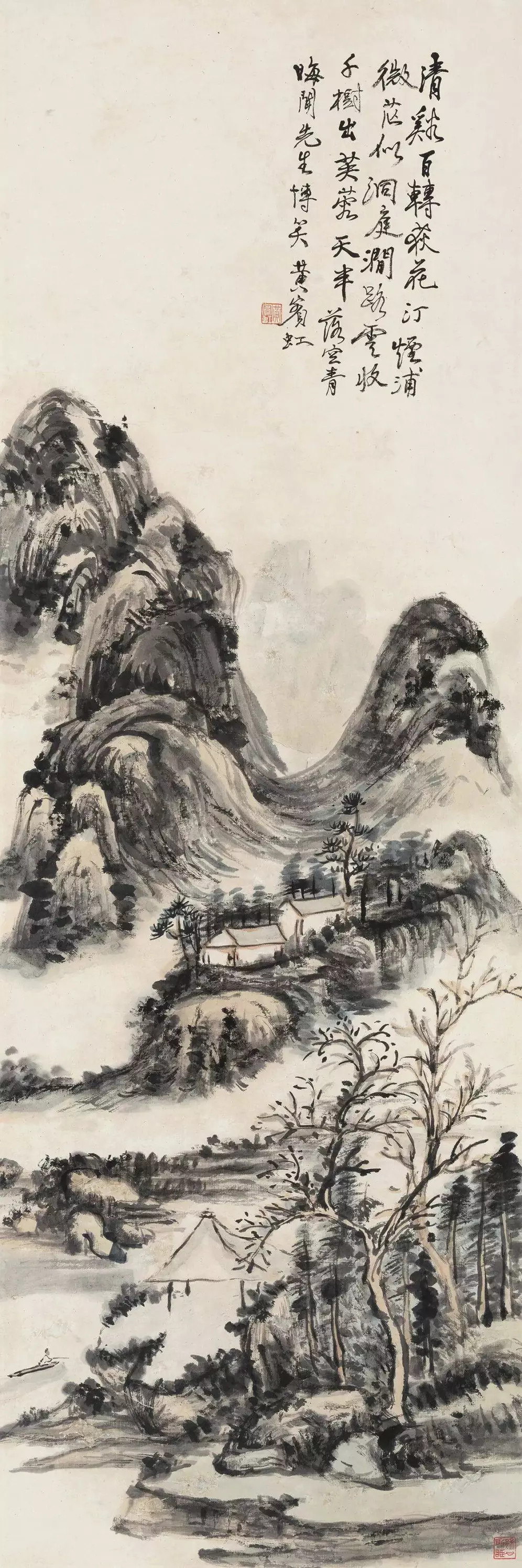 黄宾虹清溪垂钓。他以细腻的笔触描绘了秋江之上的钓艇，那是一种对自由与宁静的追求