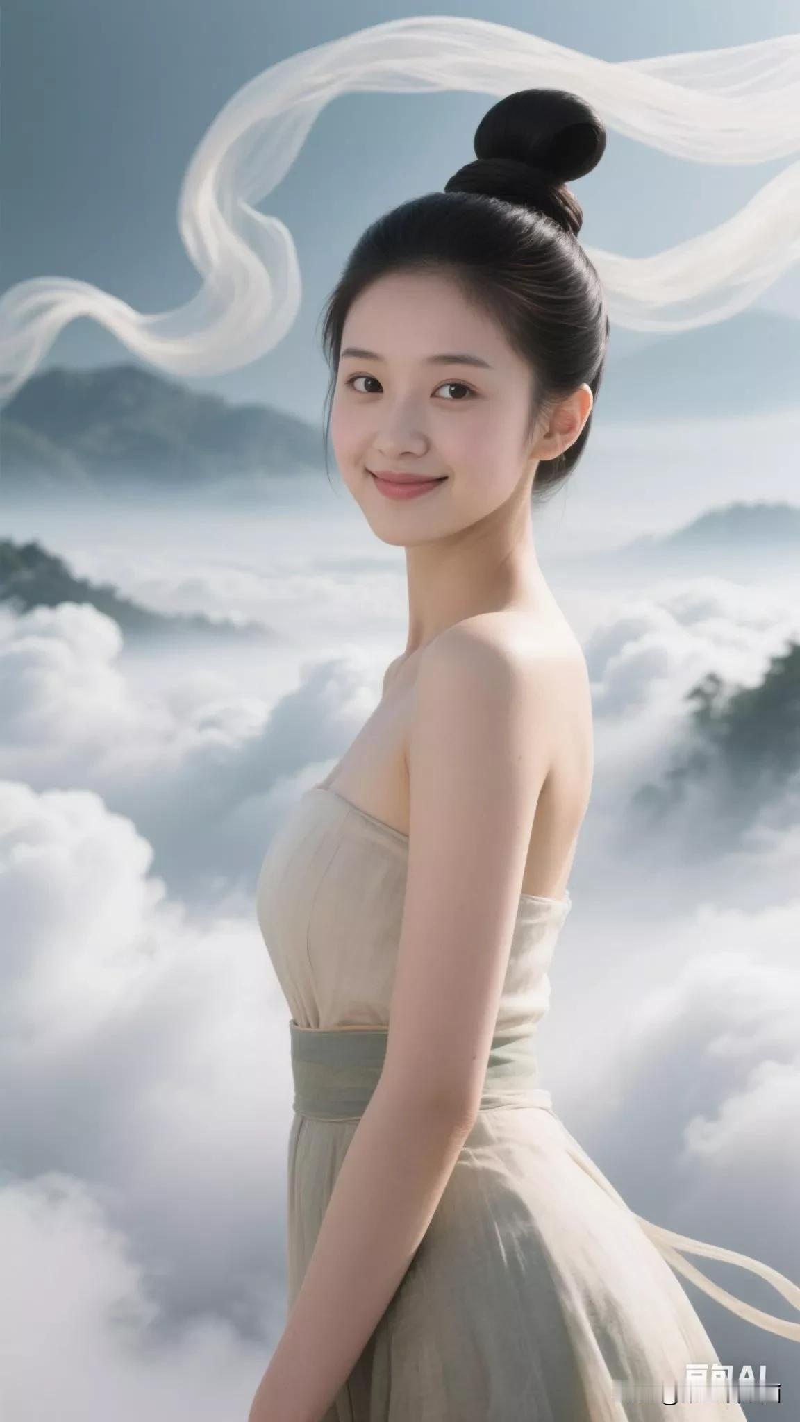 仙气飘飘的少女，云海中的梦幻之美。张立启原创书画AI作品古仕女发髻集锦第363期