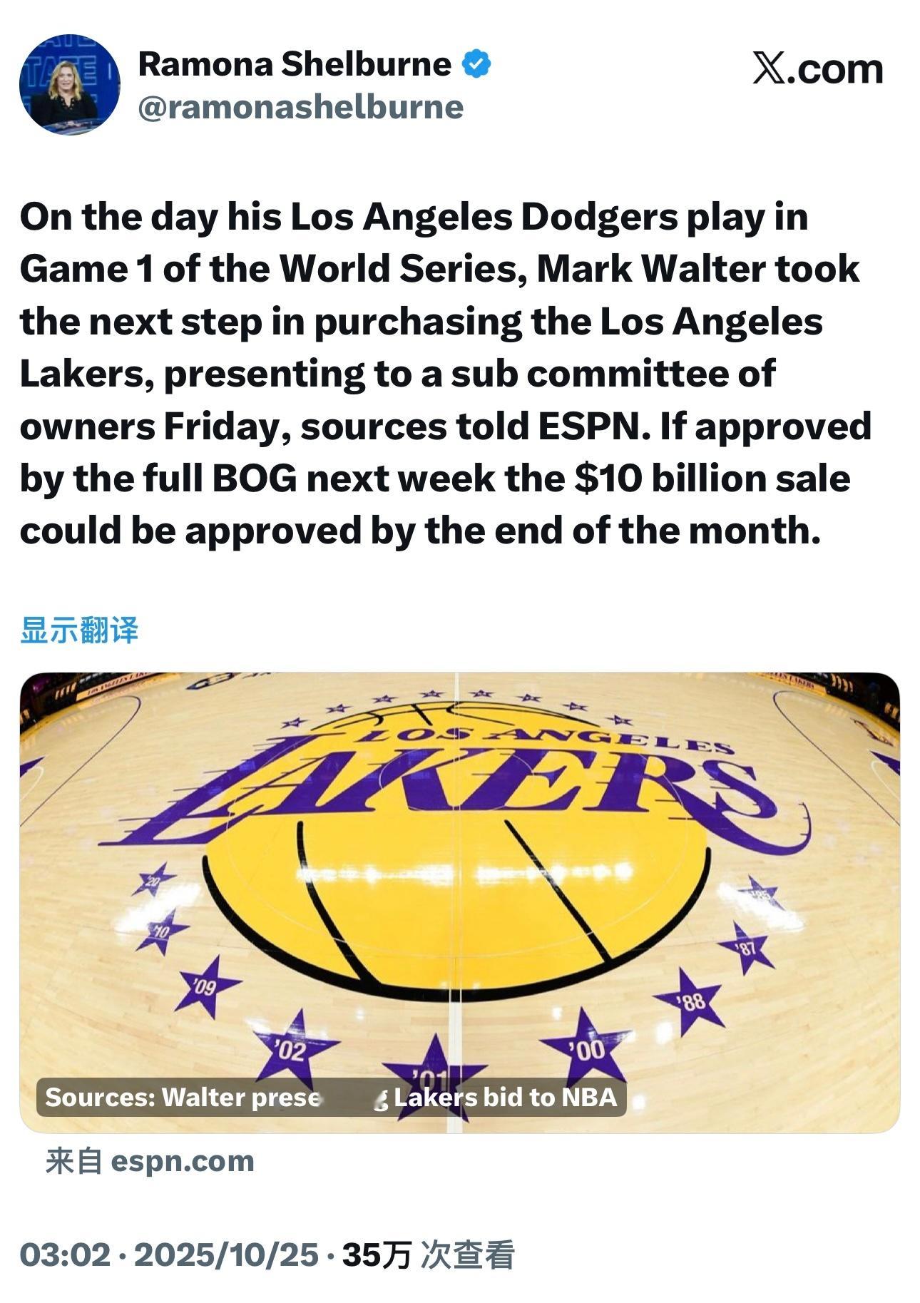 ESPN:在其旗下洛杉矶道奇队参加世界大赛第一场比赛的当天,马克·沃尔特朝着收购