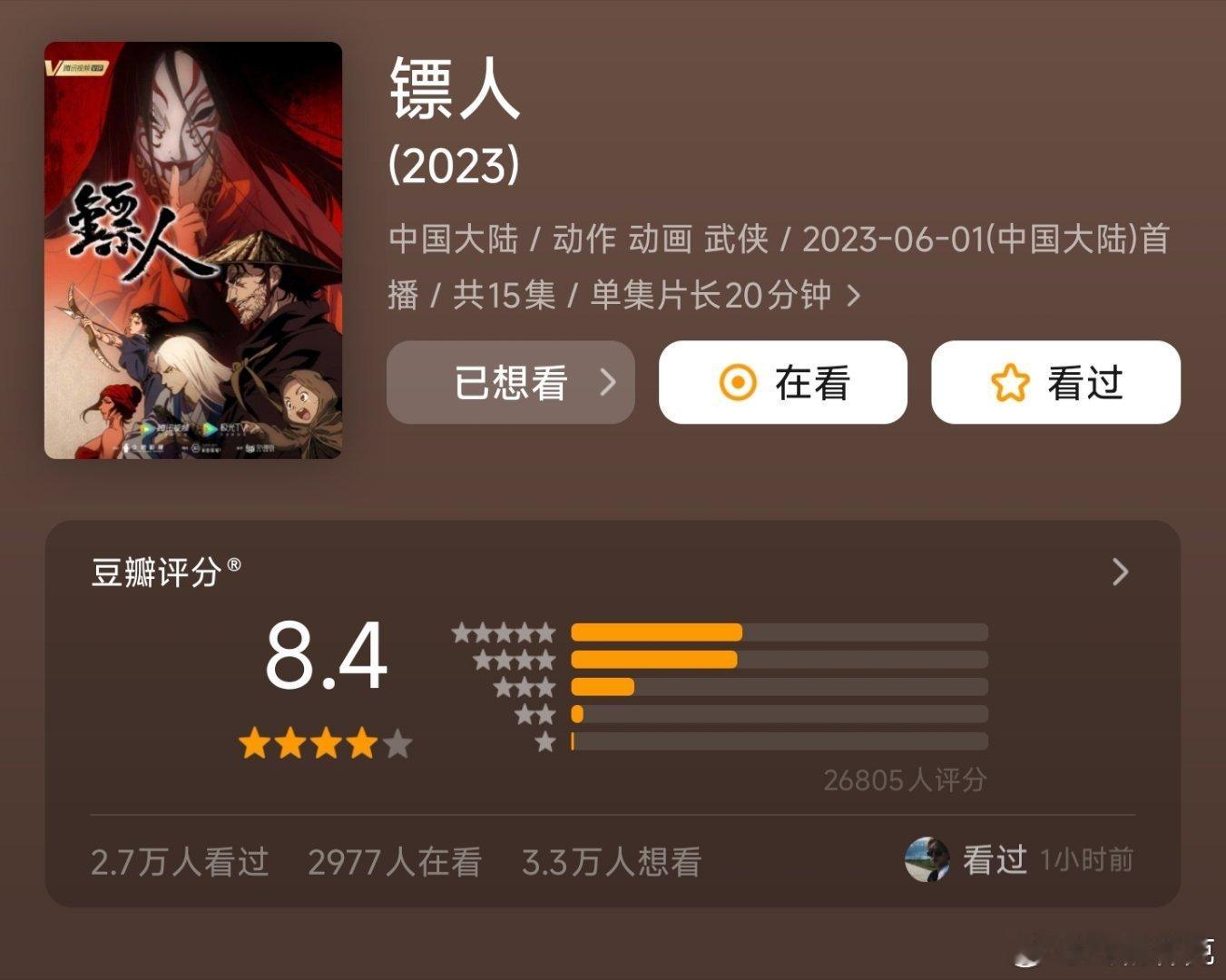 镖人漫画原作的故事谈不上多岀彩，画风和分镜不错。动画做得就不行，当时等了很多年挺