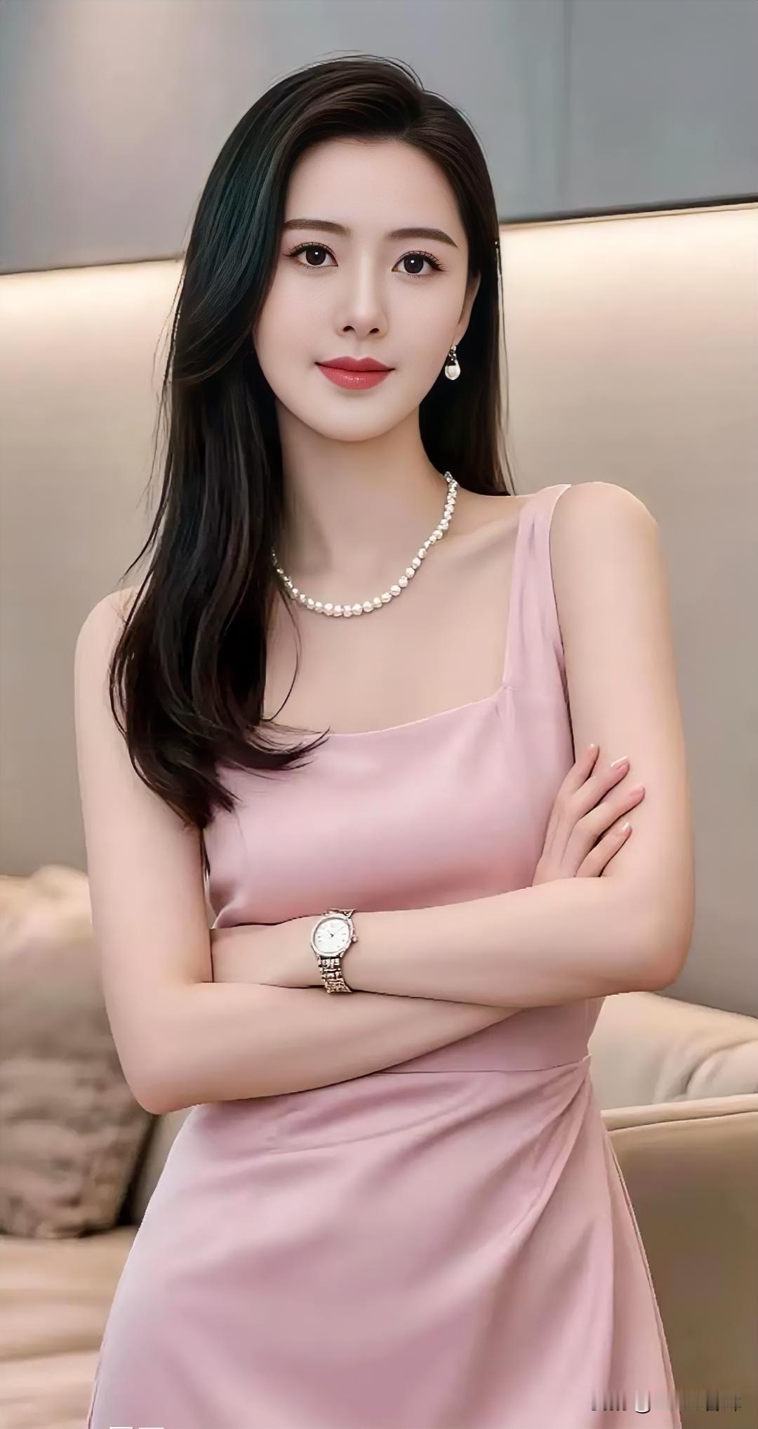 粉裙垂坠，珍珠映腕，静雅自成风景。