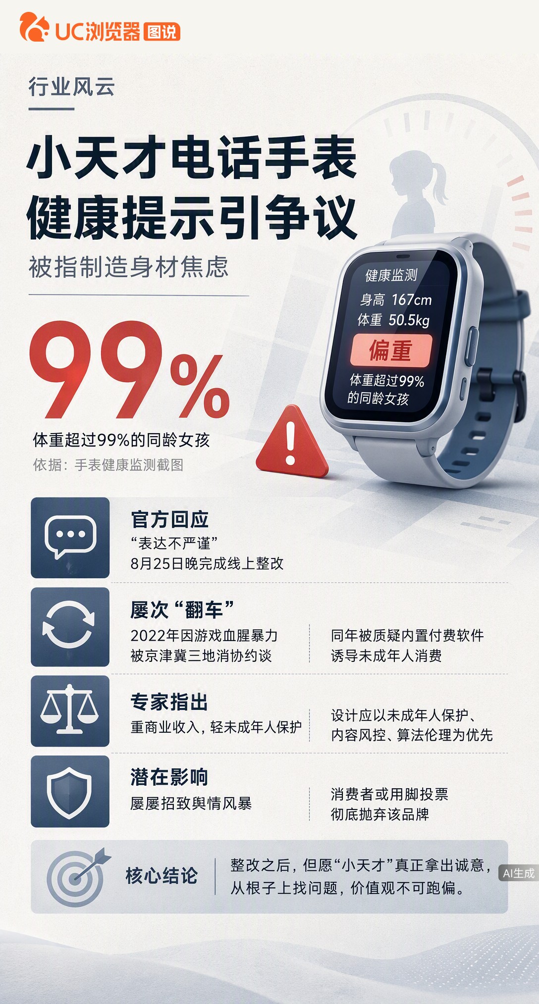 167cm被判定偏重？小天才手表因制造身材焦虑上热搜，虽已整改致歉，但近年屡次翻车。专家直指其价值观