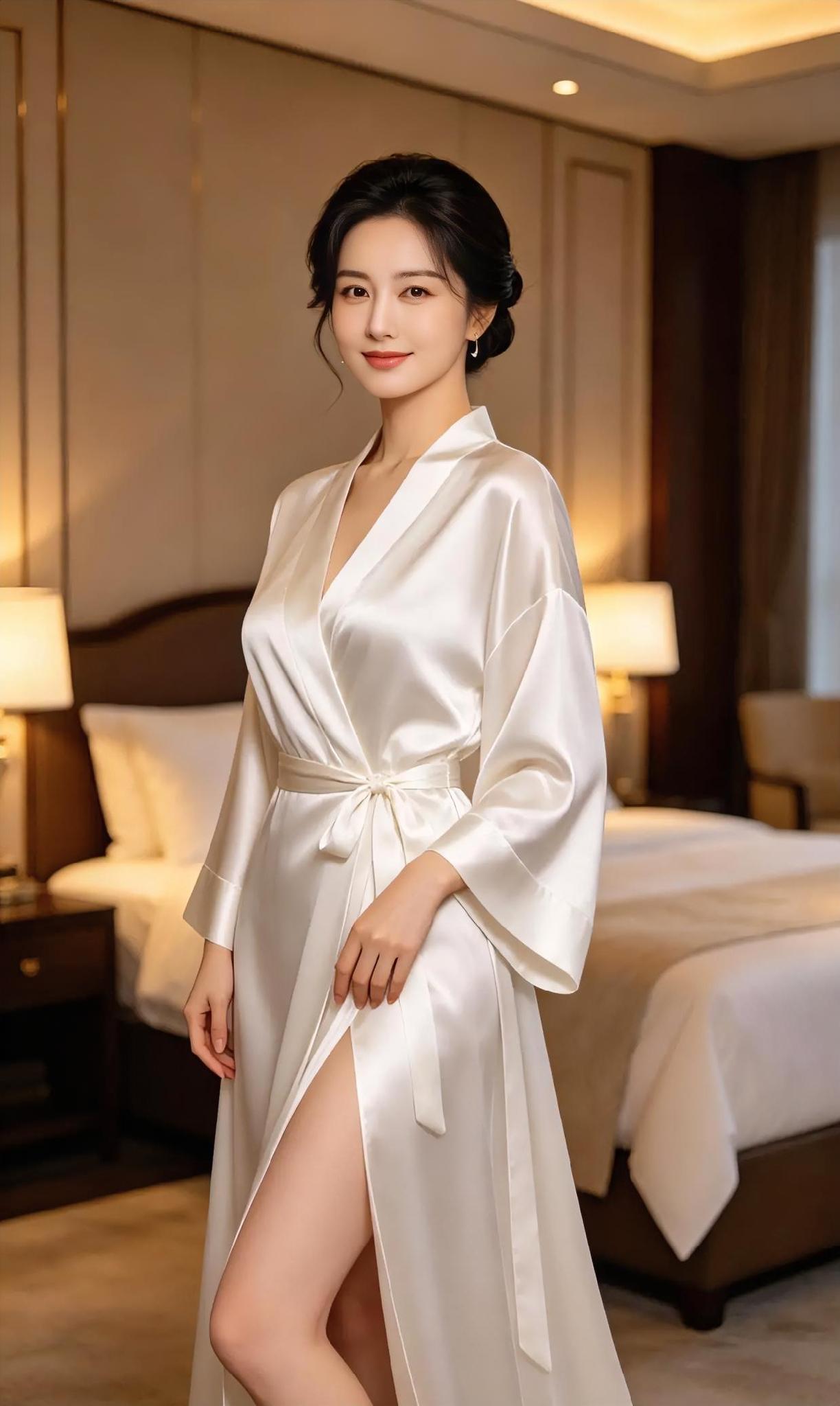 灯一柔，房间便有了月光。丝袍如云，轻系腰间。笑意温婉，发髻雅致。静立