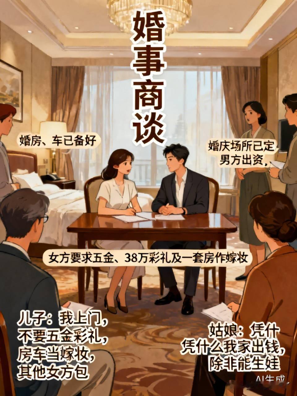 和亲家在酒店商议婚事婚房和车早已备好，登记在儿子名下。婚庆场地也已确定，由男