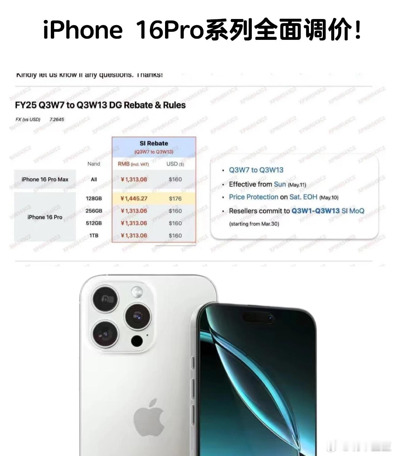 苹果渠道官方调价16ProMax全系统一调价160美元（约1313元人民币）