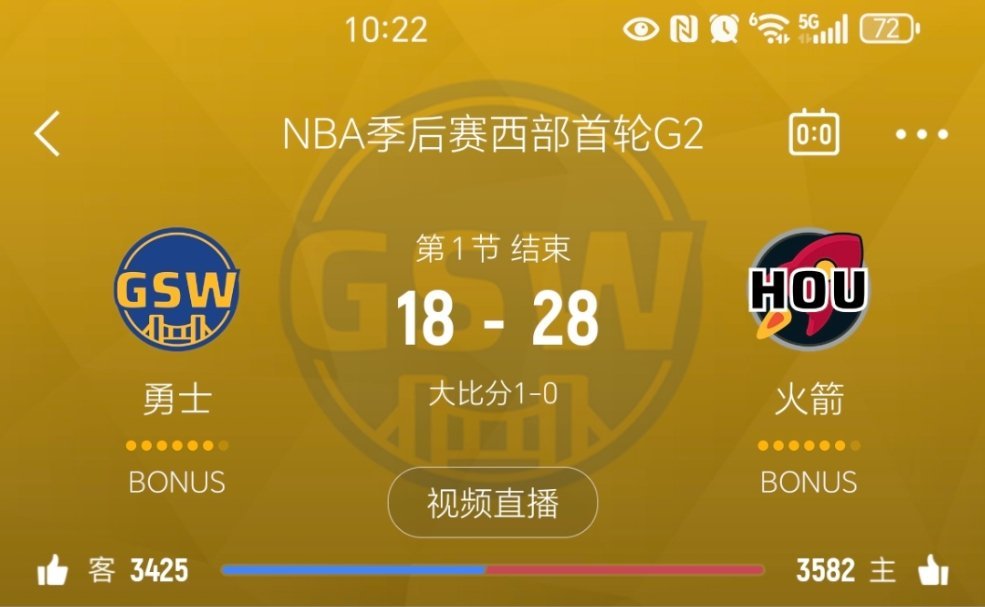 第一节比赛结束，勇士落后10分！勇士vs火箭​​​