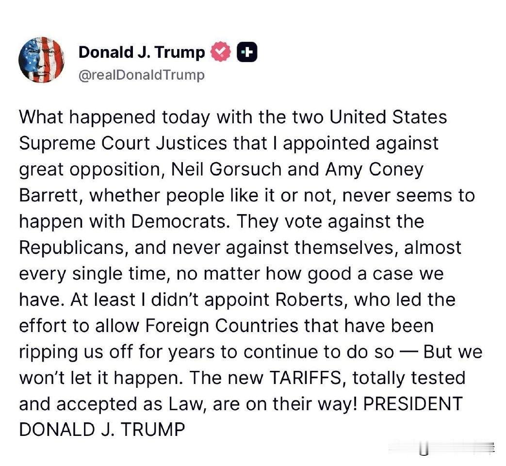 川普发文怒批由他任命的两个大法官。“今天发生的事情是，我任命的两位美国最高法院