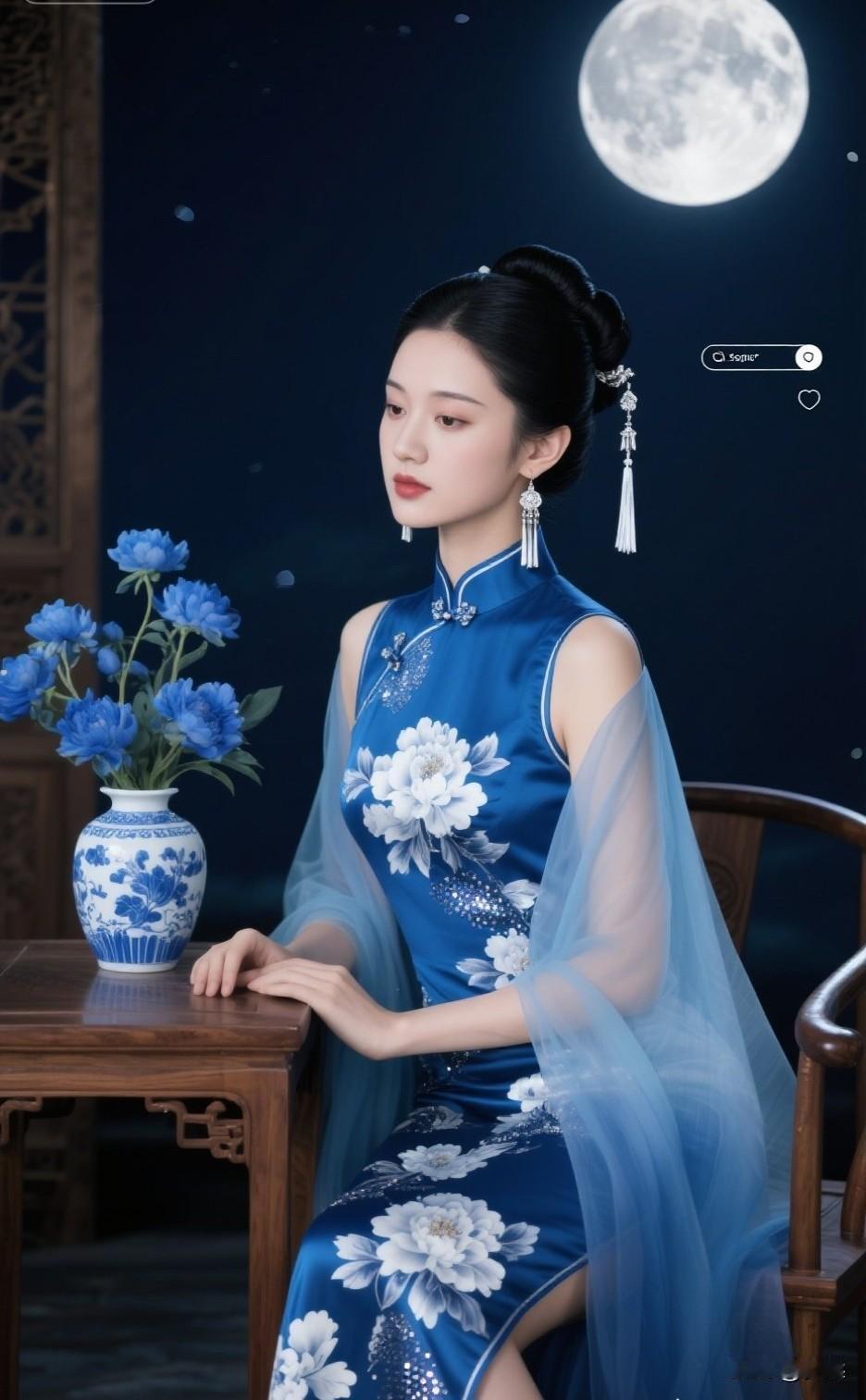 月夜下的古典美人，蓝色旗袍美女，花影婆娑古典温婉美女