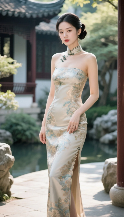 温雅少妇旗袍素净，低首抚鬓尽显端庄
