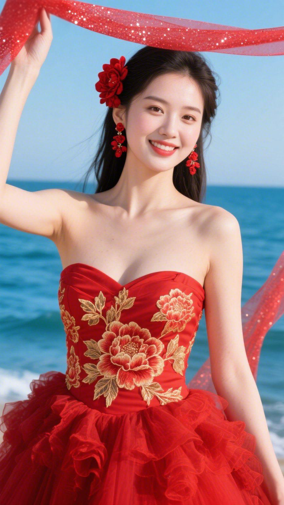 红裙映海绽芳华立于蔚蓝的海岸边，一袭红裙似将烈焰与繁花揉进了衣袂。正红的裙