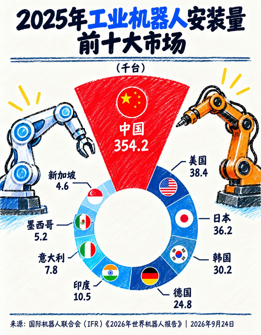 全球工业机器人界刚公布了一张令人震撼的成绩单：2025年全球新安装的工业机器
