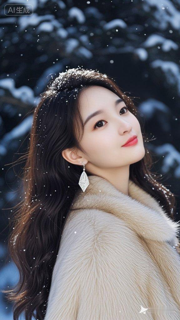 18岁美女，黑棕色大波浪长发，浓眉大眼，长睫毛，皮肤白皙，长耳坠，高档米色狐狸毛