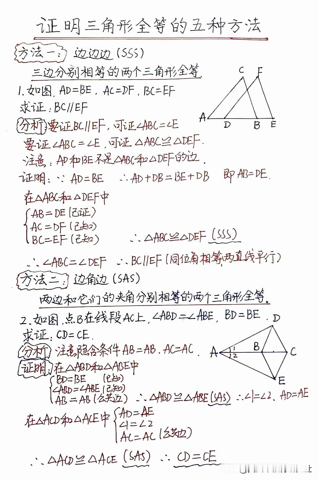 【三角形全等：5种证明方法和4种辅助线作法】初中数学知识点，中考数学几何模