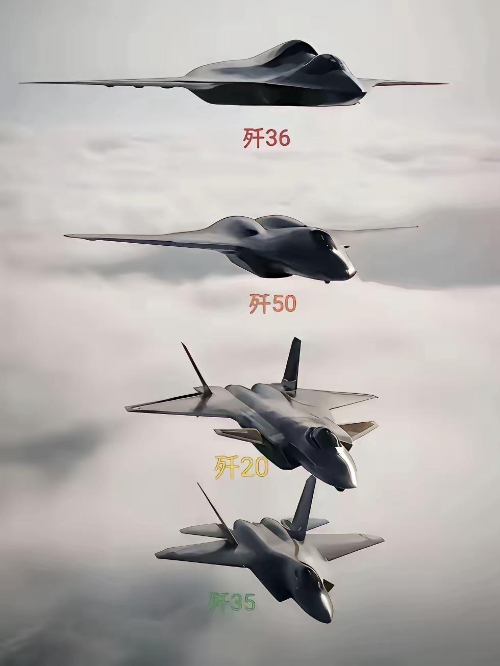 歼36、歼50、歼20、歼35，中国空军四大天王同框亮剑！从五代机到六代机，从