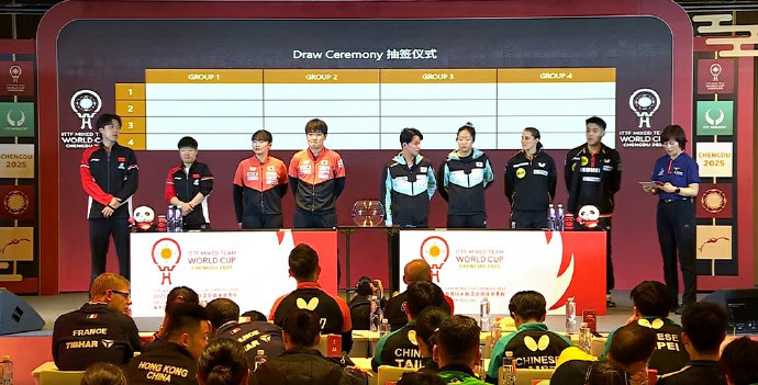 孙颖莎王楚钦回应混团入奥后首战混合团体世界杯抽签仪式现场，王楚钦、孙颖莎接受采