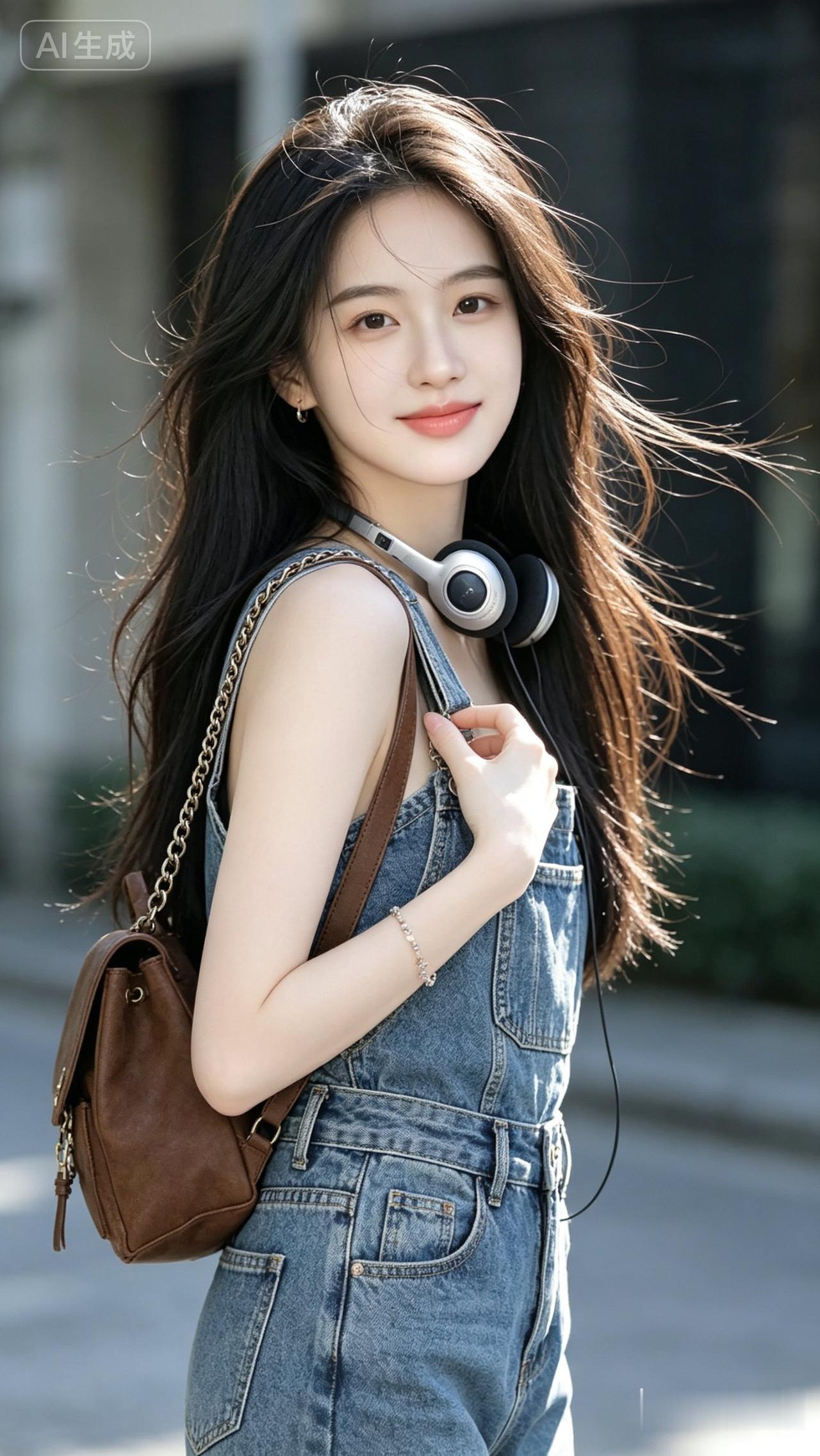 元气少女穿搭指南：牛仔背带裤+耳机，轻松自在！🌞👗🎧