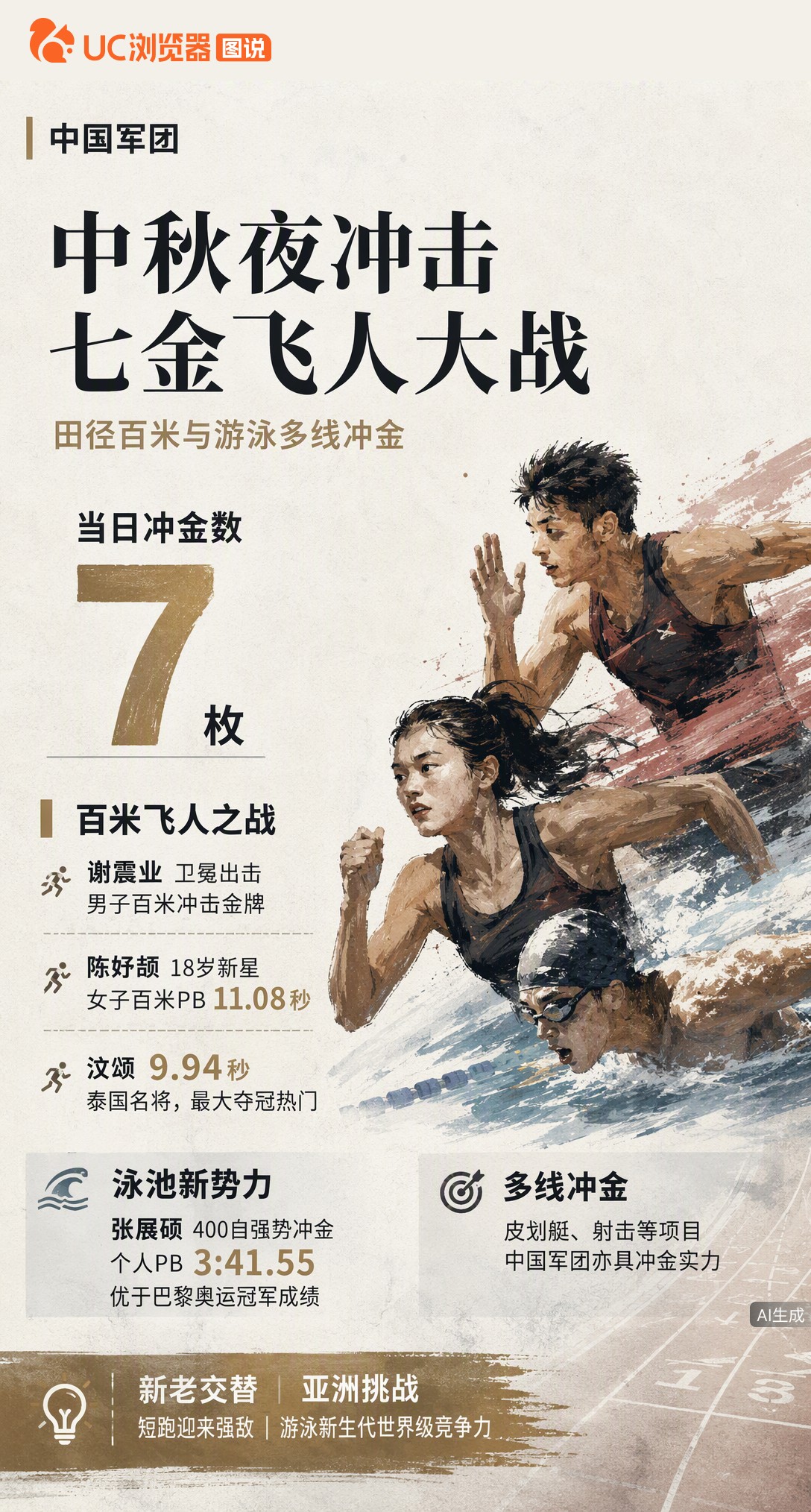 中秋夜中国军团7金冲金！谢震业卫冕男子百米，18岁陈妤颉挑战9秒94的汶颂；张展硕400自PB优于奥