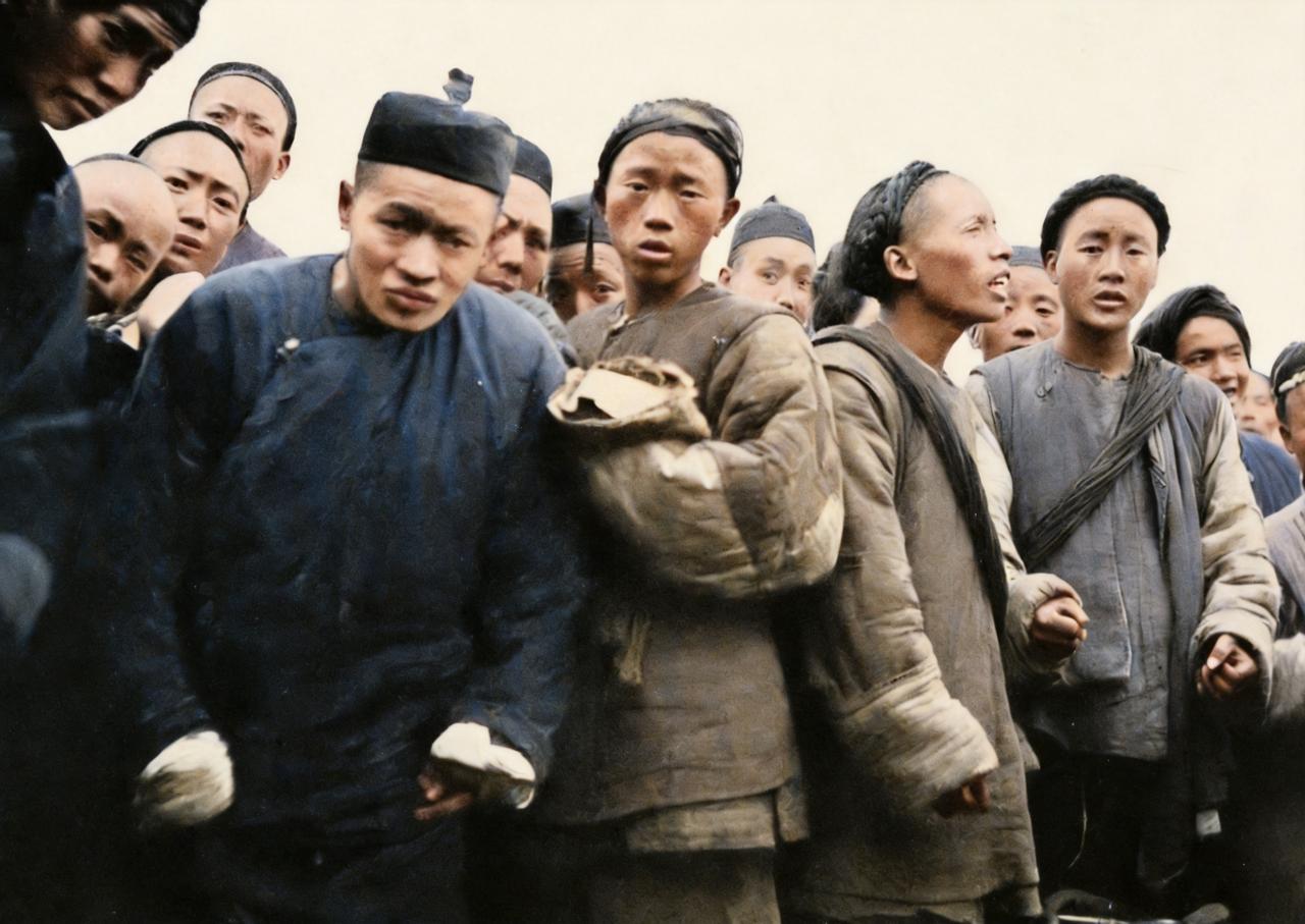 这是晚清一群人第一次看到拍照。他们的脸上表现出惊奇、惊愕、惊恐的表情，双眼紧紧地