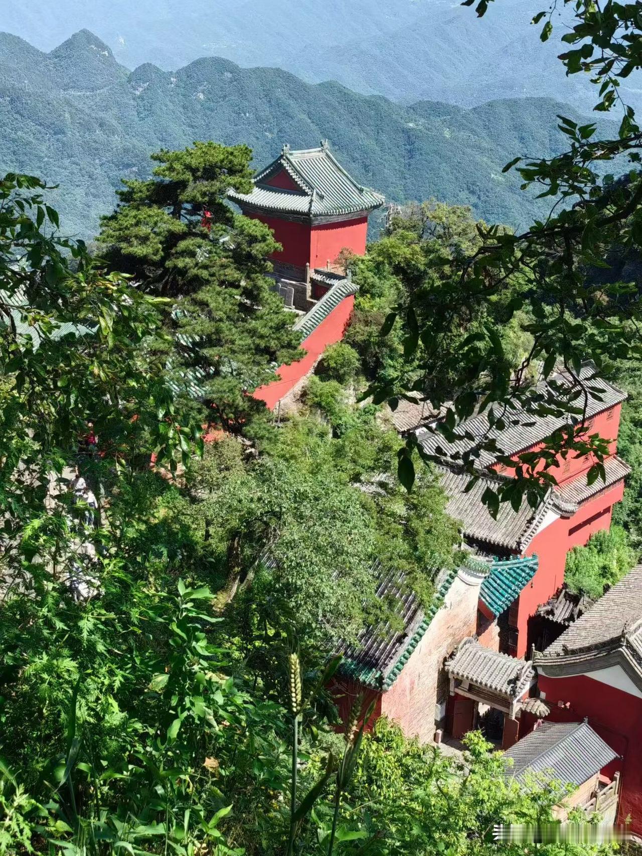 古寺红墙掩映在青山绿树间，宁静祥和，仿佛远离尘嚣