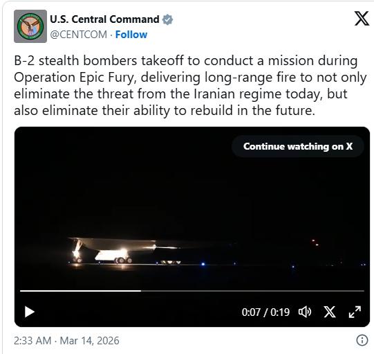 远程奔袭，美军罕见出动两架B-2轰炸机美国中央司令部周五称，美军派遣两架B-2