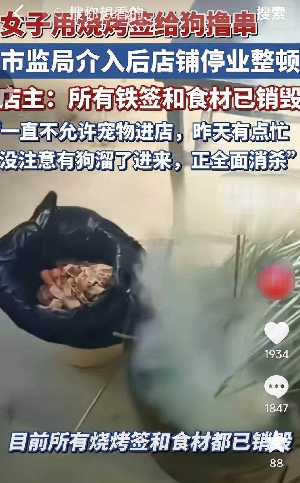 大连女子在烧烤店用铁签子喂狗的后续来了，烧烤店被责令停业整顿，老板把店里所有的铁