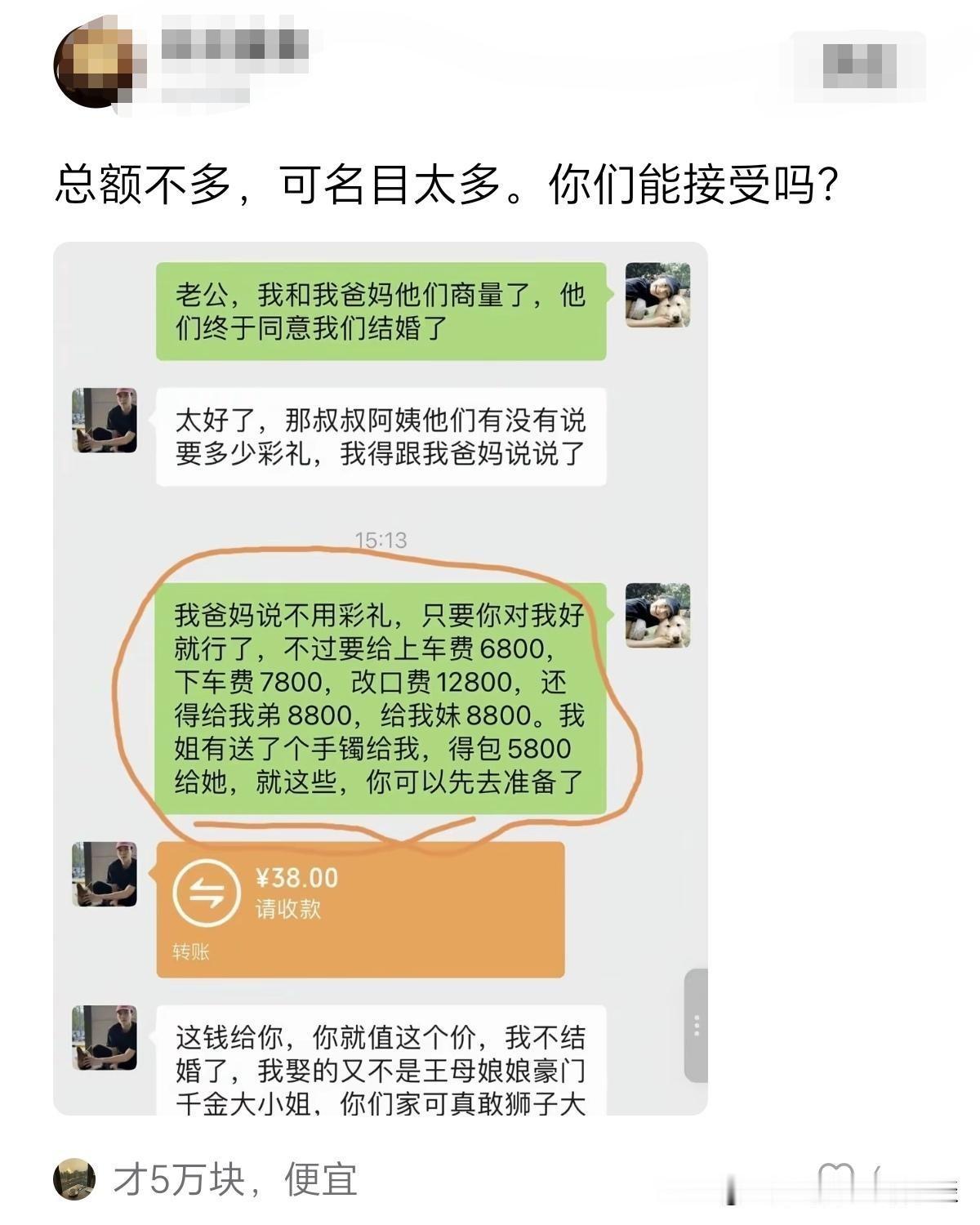 女方提出的结婚总金额50800元，也不算太高，但问题在于名目太多了。杂七杂八的各