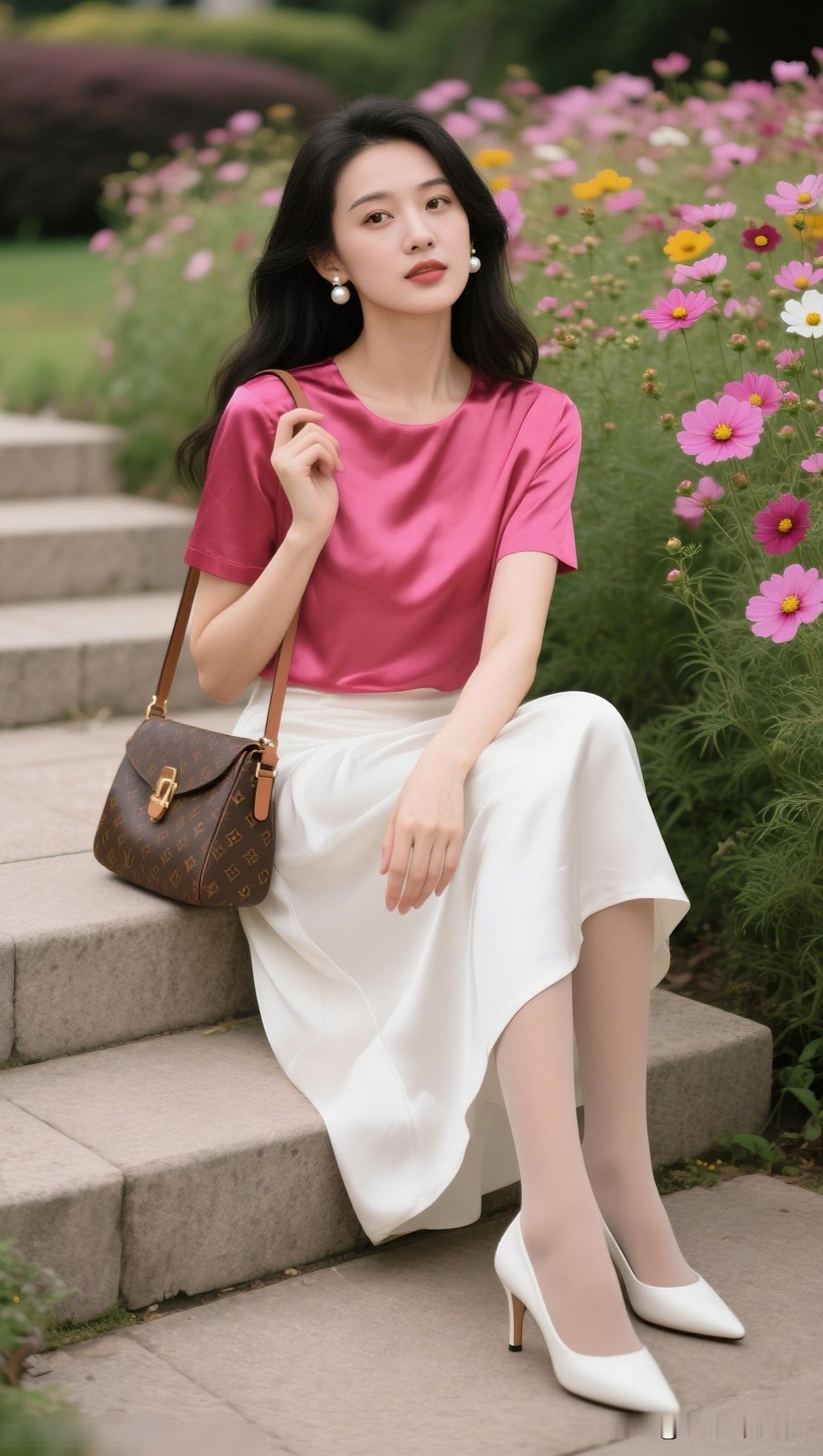 粉衣美人倚花坐，春光满面笑语多。什么颜色裙子好看优雅粉色上衣搭配白色长裙，坐在