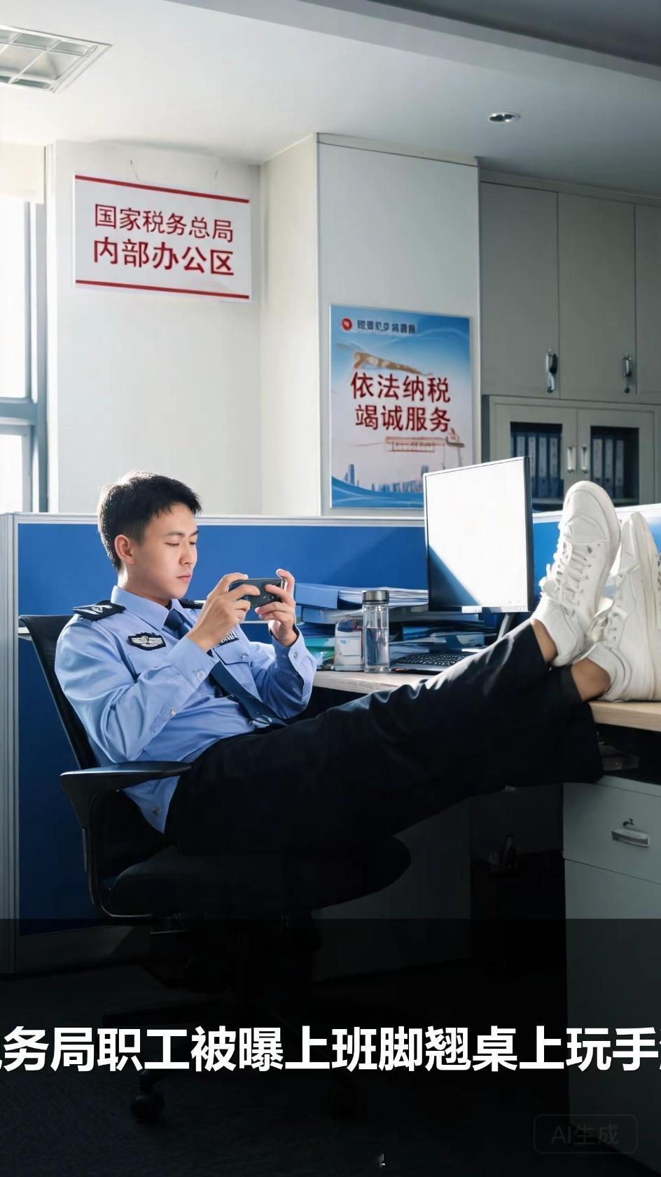 税务局职工被曝上班脚翘桌上玩手游看到这个新闻，我真是又好气又好笑。这位老哥胆子是