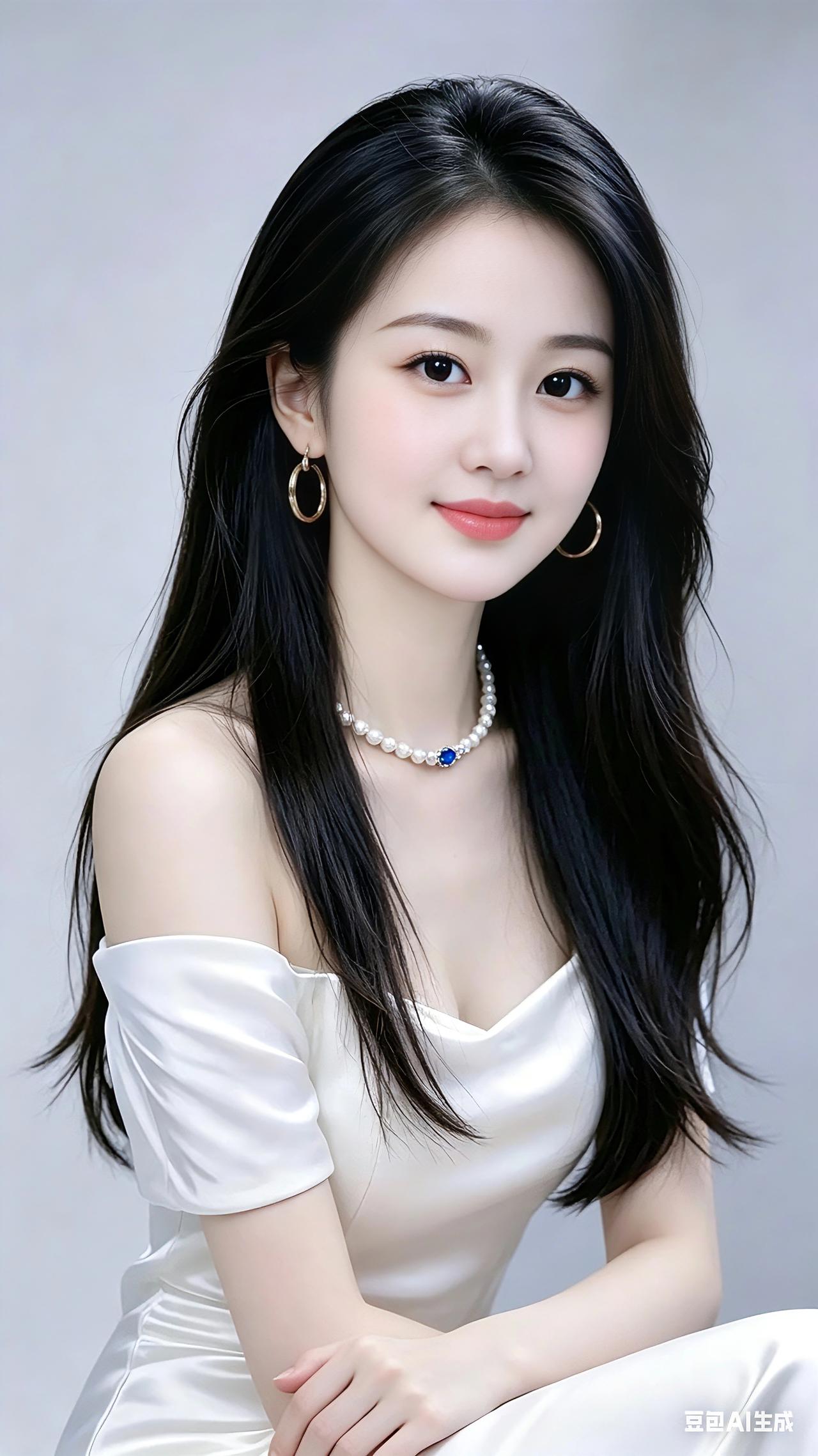 乌发如云衬玉容，明眸含笑意态雍容。素衣淡雅珍珠缀，温婉清灵似暖风。眉目柔