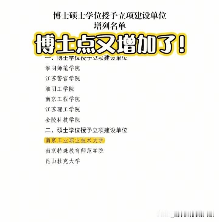 江苏厉害了，又将新增6所博士高校，注意这可是新增的博士学位授予立项建设单位啊，这