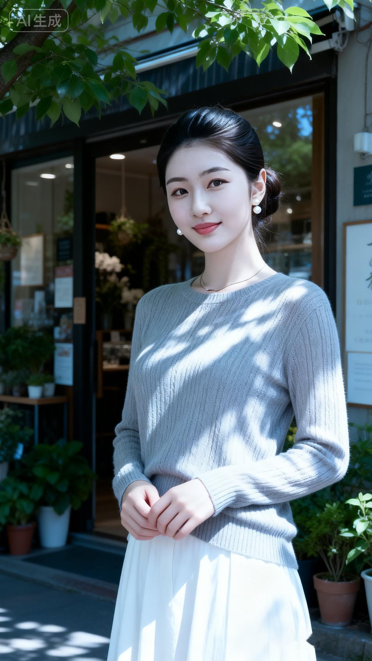 优雅气质，浅灰色毛衣搭配白色长裙，完美演绎都市女性风范。