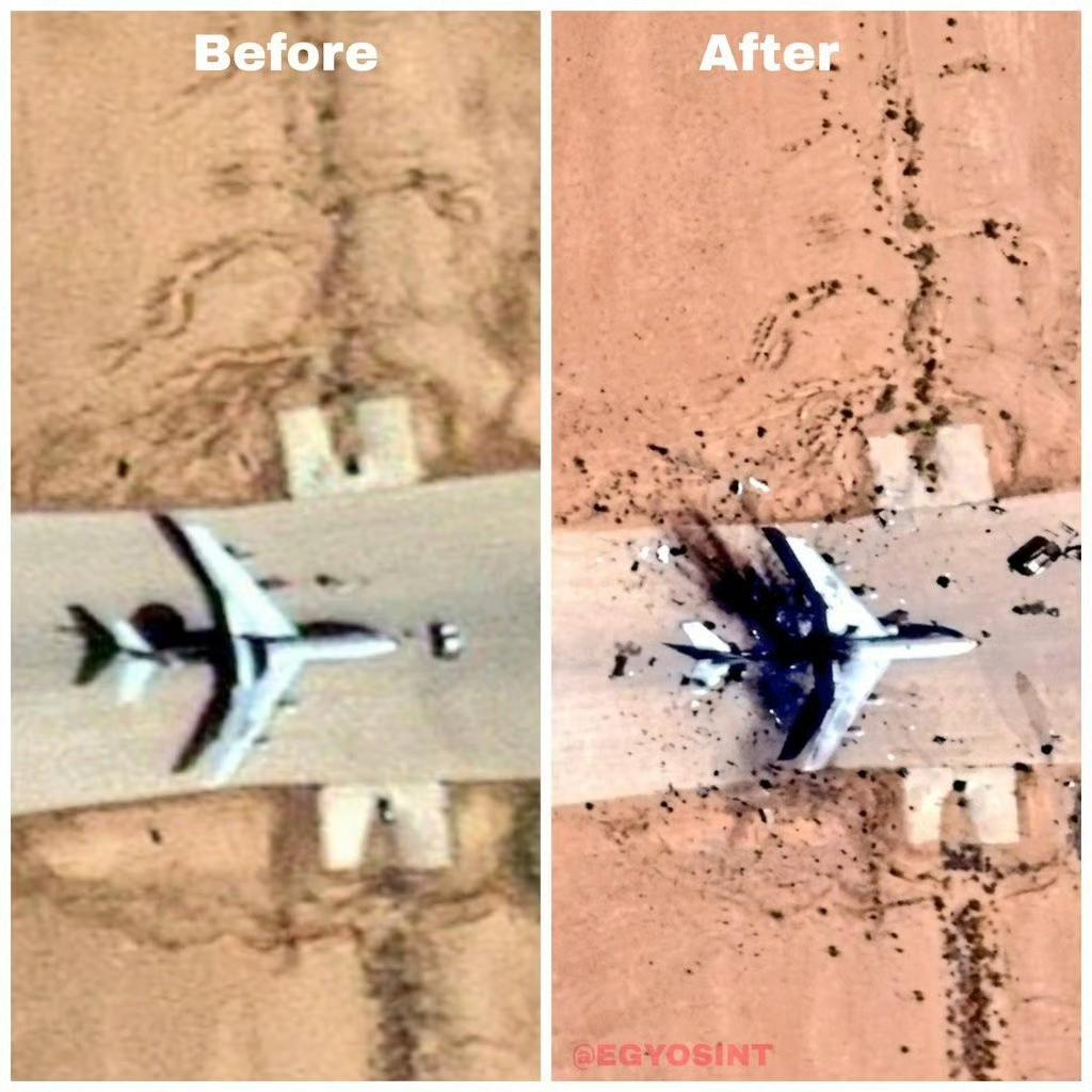 实锤！上卫星图-漂亮国E-3G预警机遭摧毁的卫星图来了：一组卫星对比图+现场残骸