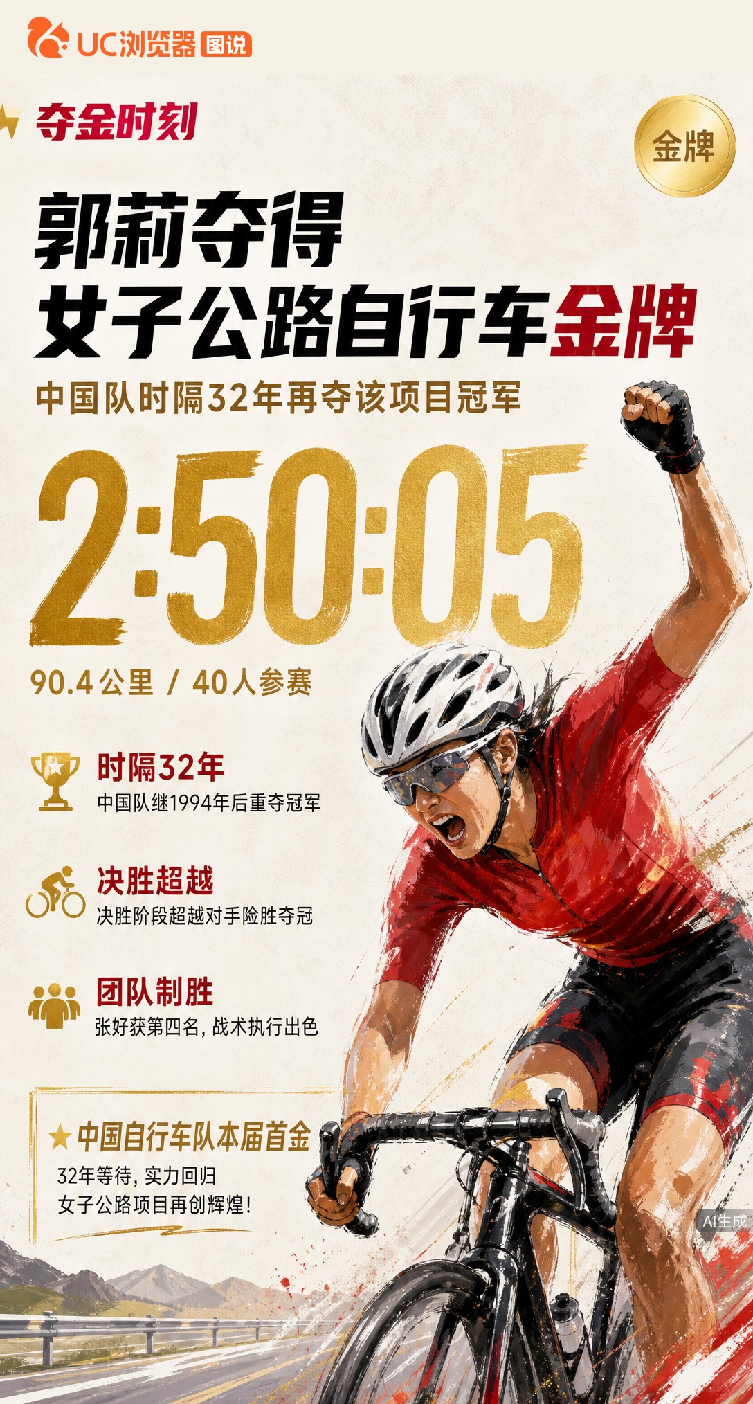 时隔32年！郭莉90.4公里冲刺险胜，为中国队夺回公路自行车女子个人赛金牌。这是本届亚运车队首金，决