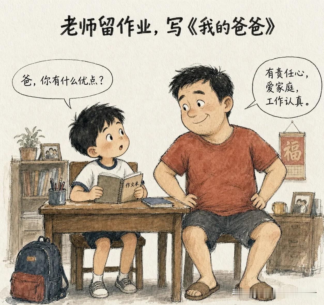 趣味漫画：老师留作业，写《我的爸爸》。儿子回家问老爸：「爸，你有什么优点？」老爸