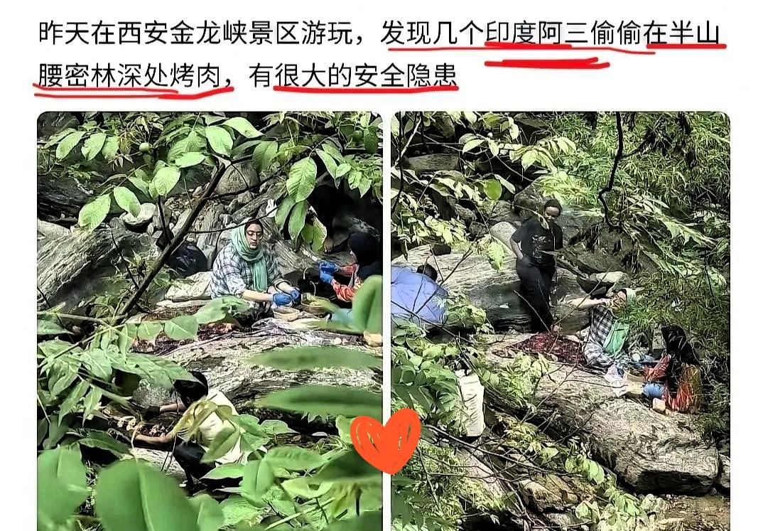胆大包天！几名印度籍游客躲进西安金龙峡半山腰的密林深处，偷偷生起明火烤肉，专挑
