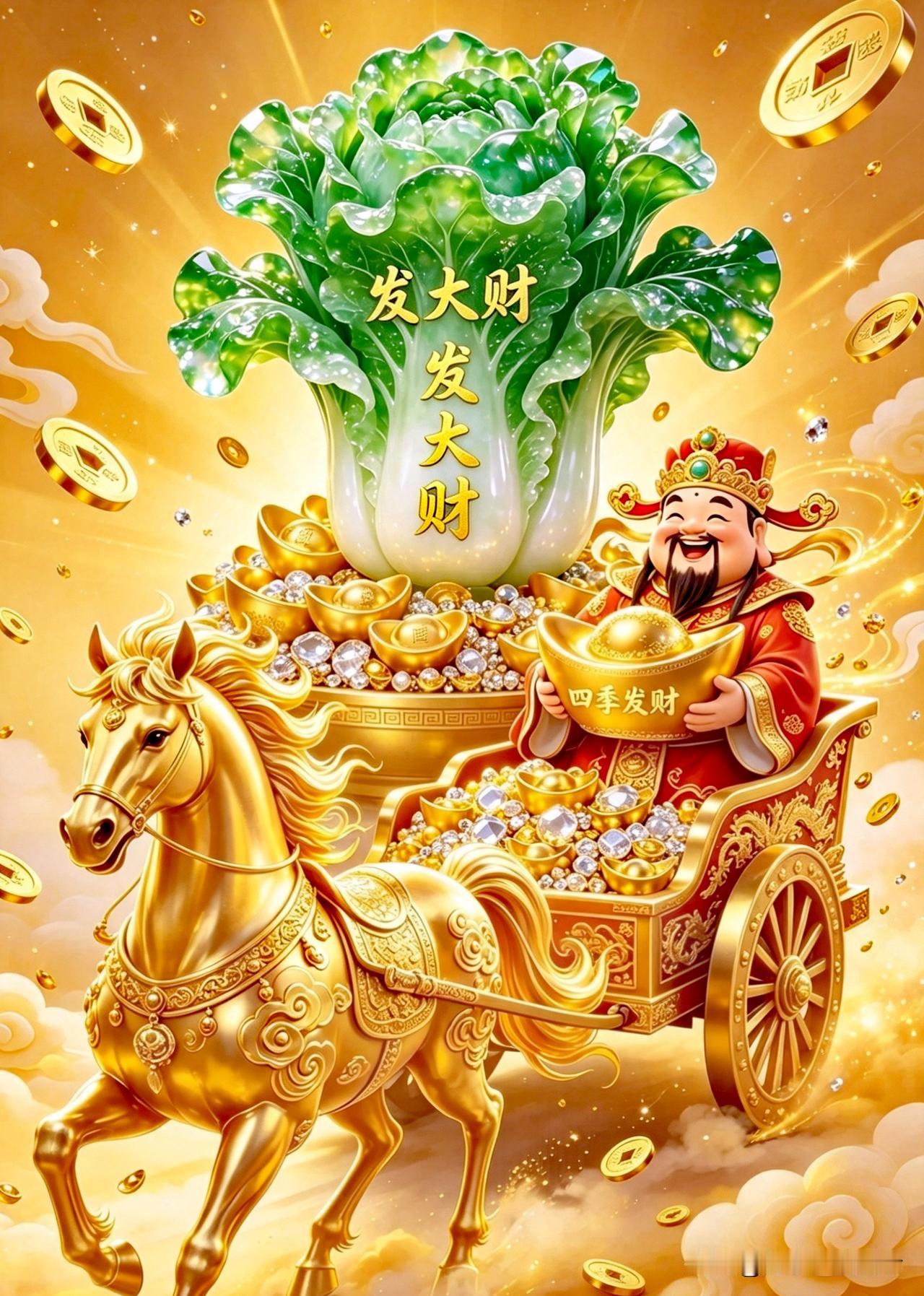 财神伴马踏祥云，一年四季财运旺。