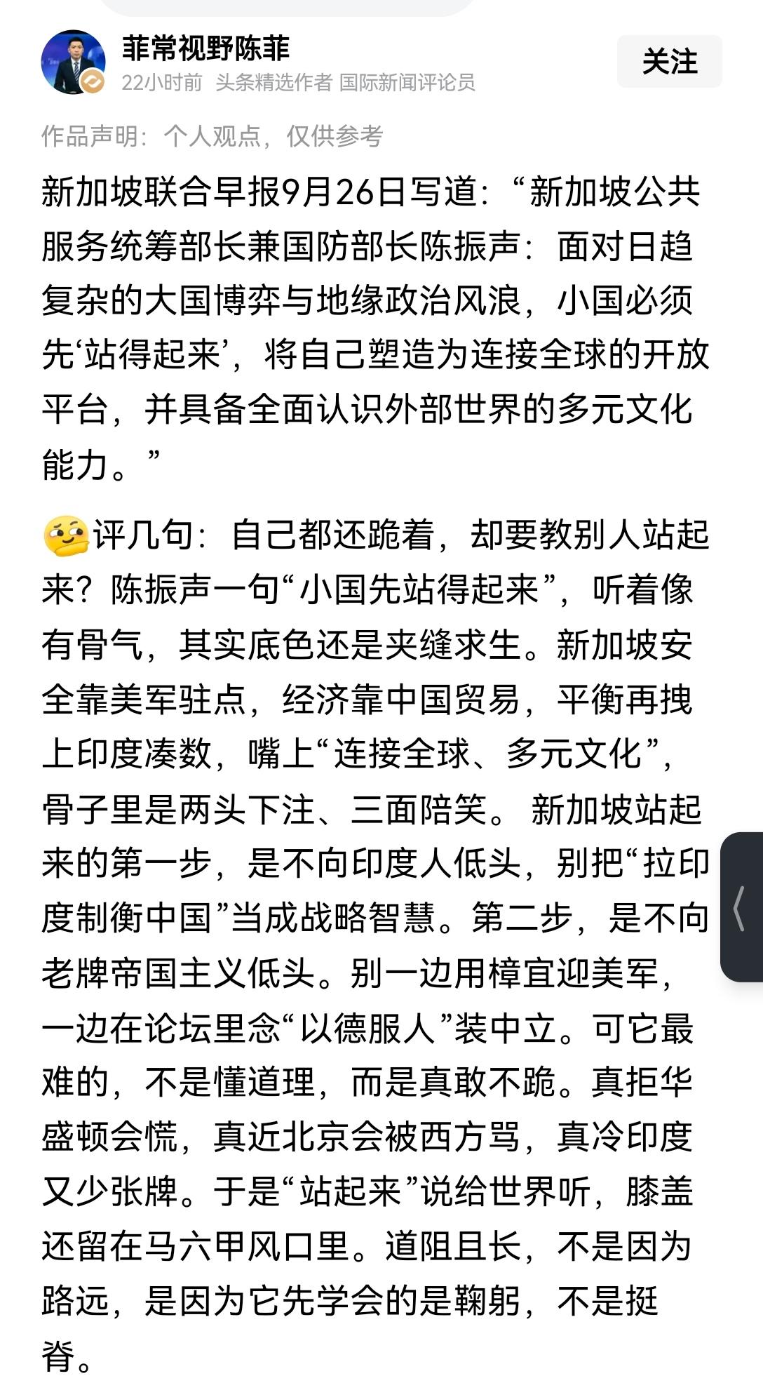【新加坡高官称，目前国际形势下，小国需要先站起来，并强调包容多元文化：小国凭什么