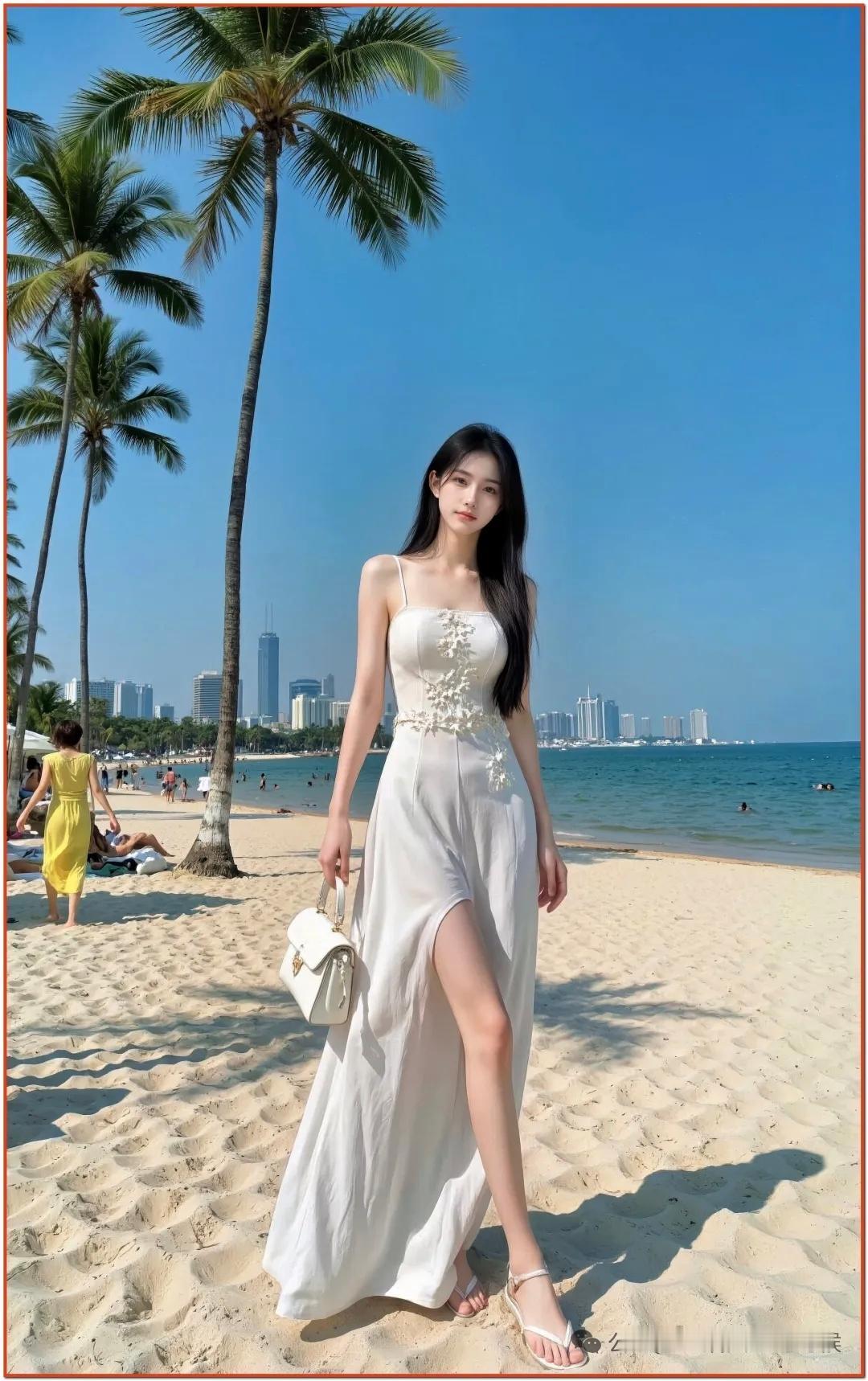 记录我的2026夏日海滩美人逐浪来，轻盈白裙与海风相伴，尽显自然魅力！