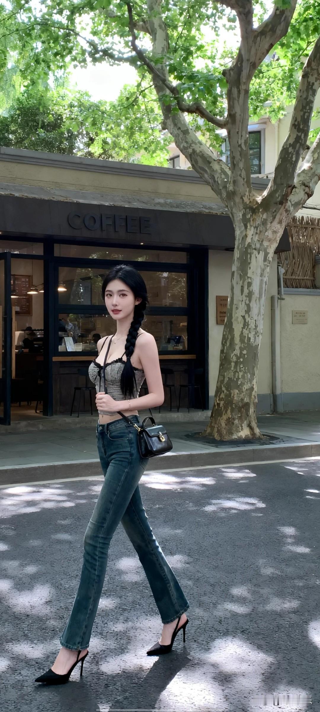 都市时尚风，咖啡馆前的优雅步伐