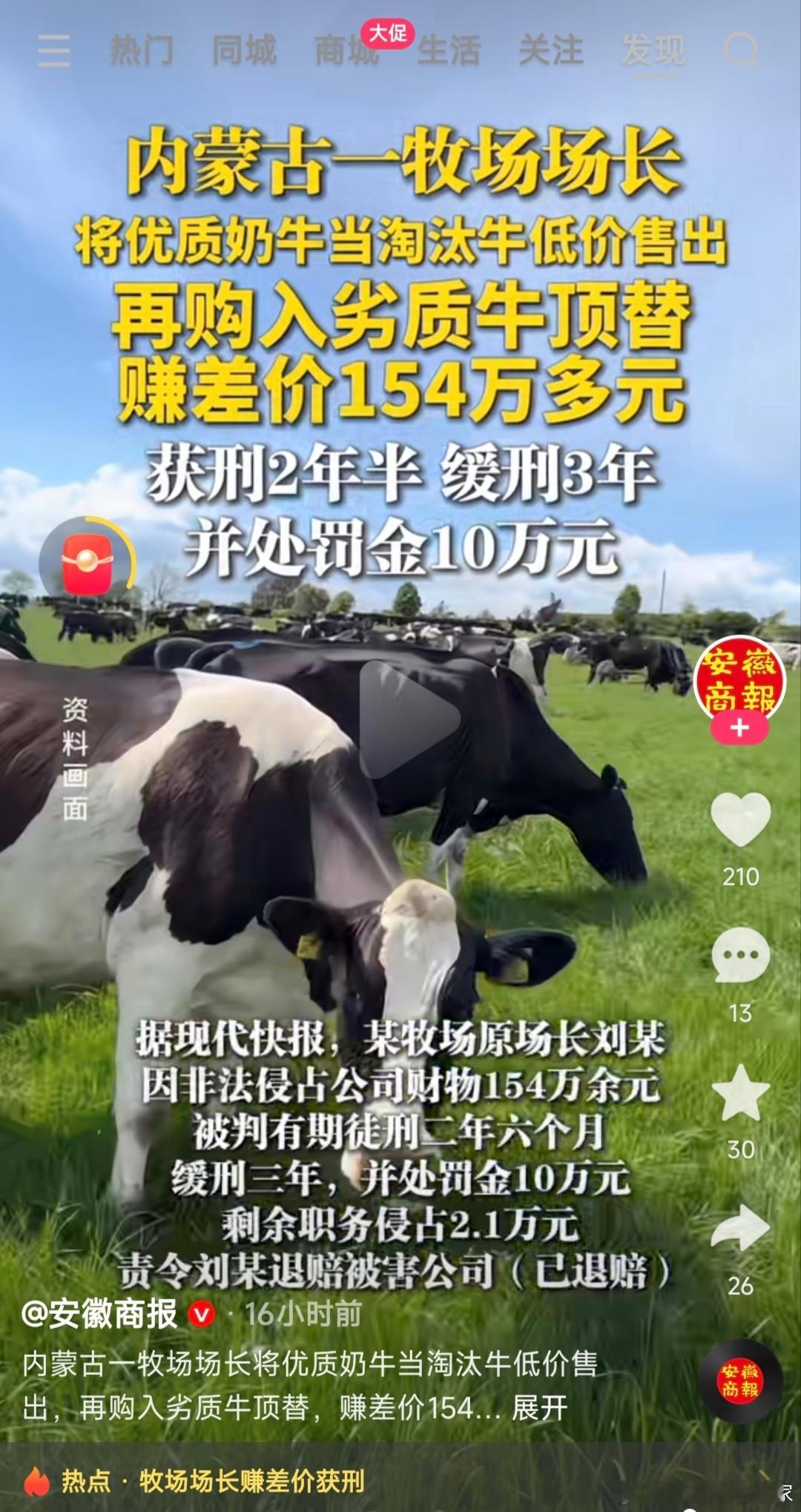 内蒙古一牧场场长，卖掉好奶牛，买回淘汰牛，赚取差价154万，判刑二年半缓刑三年罚