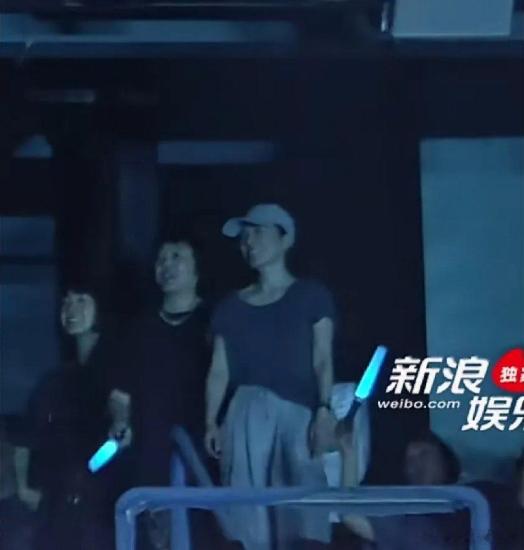王菲现身谢霆锋演唱会现场，一身朴素穿搭纯素颜出镜，跟着旋律自在晃动，状态十分放松