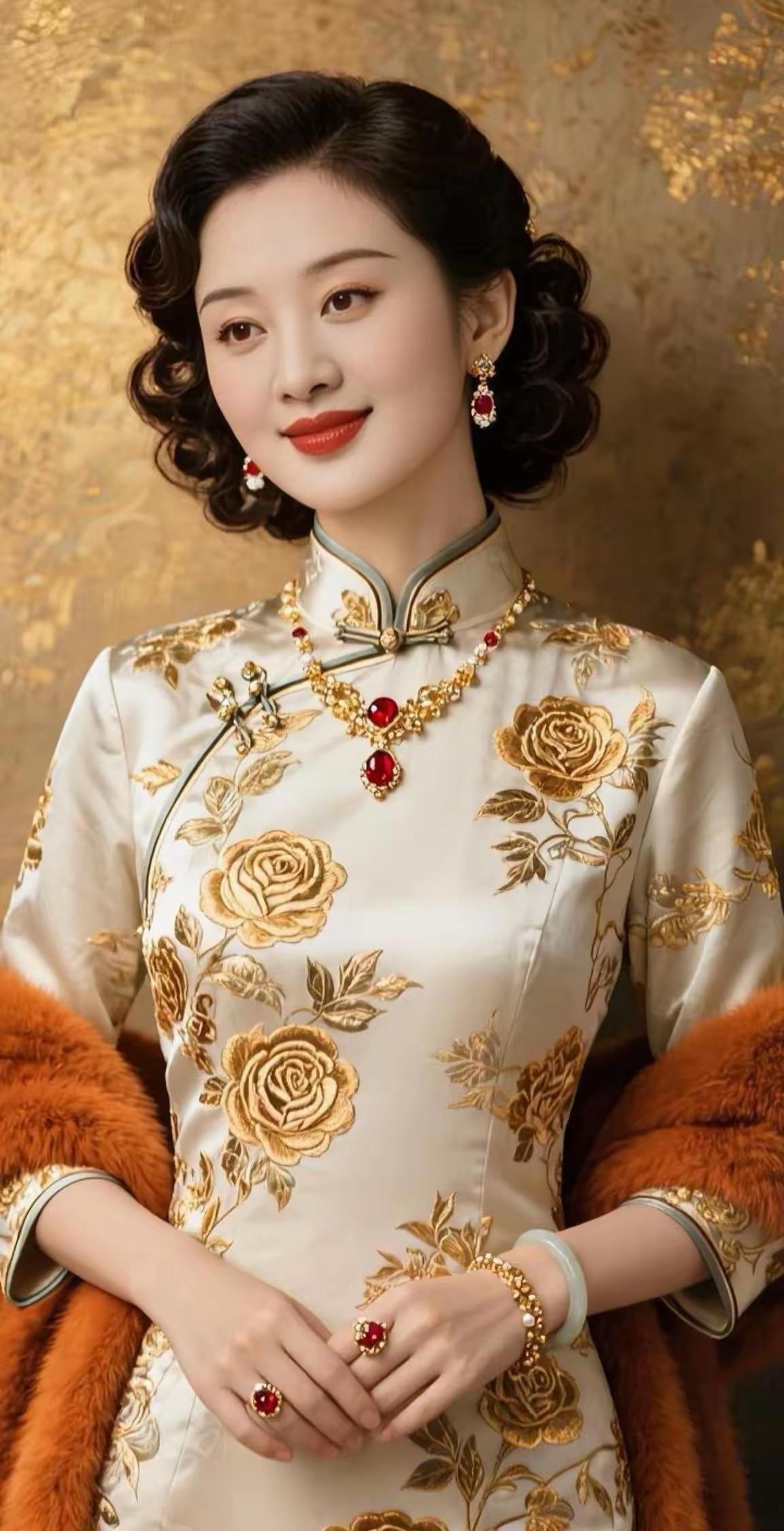 玫瑰佳人金纹锦缎骨中留，旗袍轻裹中华柔。眉间藏尽民国韵，一袭风华冠众流。