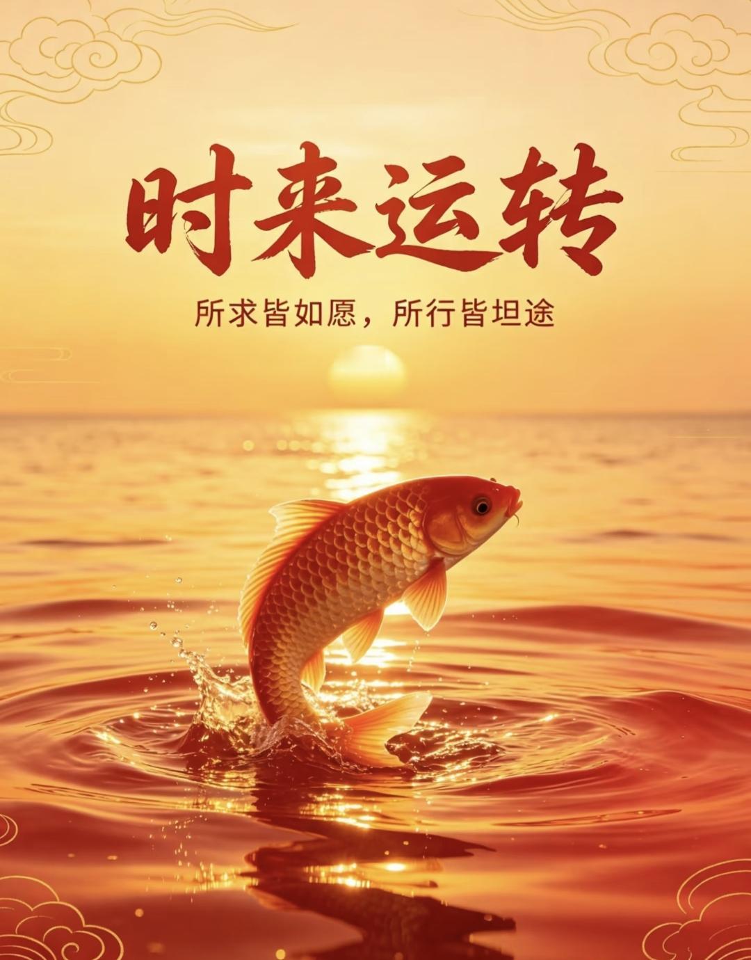 时来运转，年年有余锦鲤跃出水面，好运正在加载！时来运转，所求皆如愿，愿你前路坦